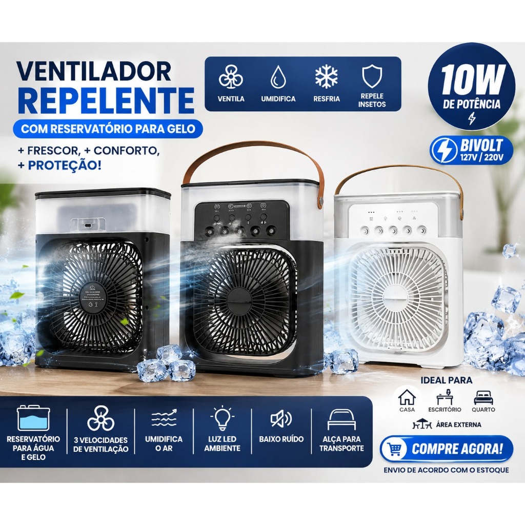 Mini Climatizador + Ventilador Portátil com LED, Bivolt, 10W, Super Silencioso, Compacto e Econômico Ventila e Climatiza