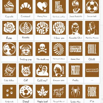 ☕✨ **KIT COM 32 STENCILS PARA CAFÉ — FRASES, NOMES E DESENHOS**  Deixe seus cafés muito mais bonitos, criativos e person