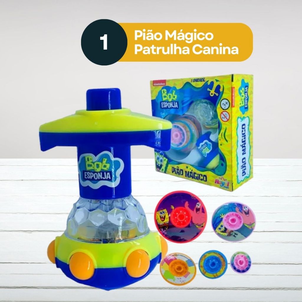 Pião Mágico Bob Esponja Com Luz LED Lançador com Discos Brinquedo Infantil Luminoso