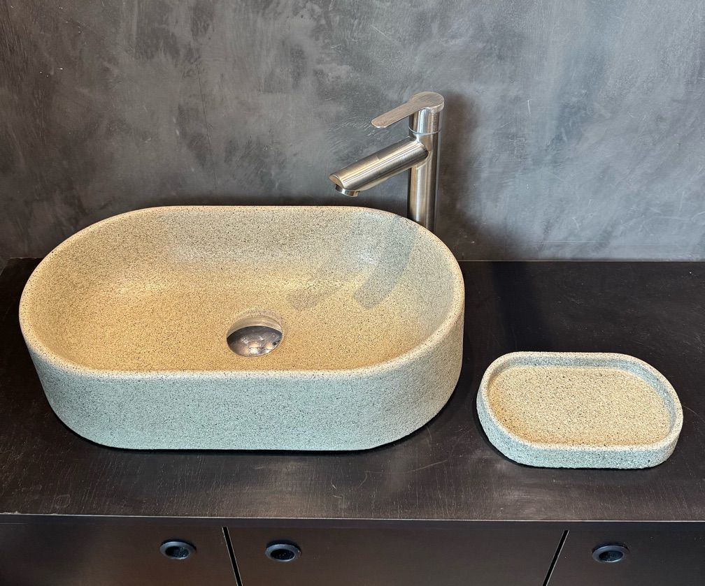 104 - Cuba em Concreto Modelo Oval Efeito Mica 40x23x9 cm + Saboneteira