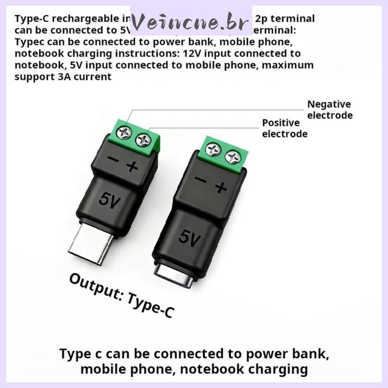 VEI 2 Solda Type C Para Adaptador Bloco Terminal 2 Pinos 5V 15W Conector Alimentação