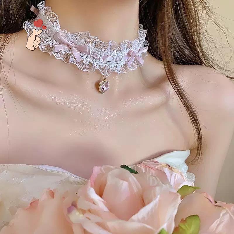 [PEBR] Renda Doce Amor Coração Gema Charme Lolita Meninas Nelace Cosplay Colar Correntes Dança Jóias Acessórios Para Fes