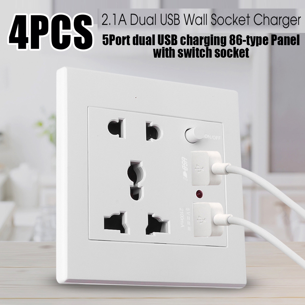 4 Pcs 2.1A Carregador De Tomada De Parede USB Duplo AC/DC Painel Energia Universal Com Interruptor