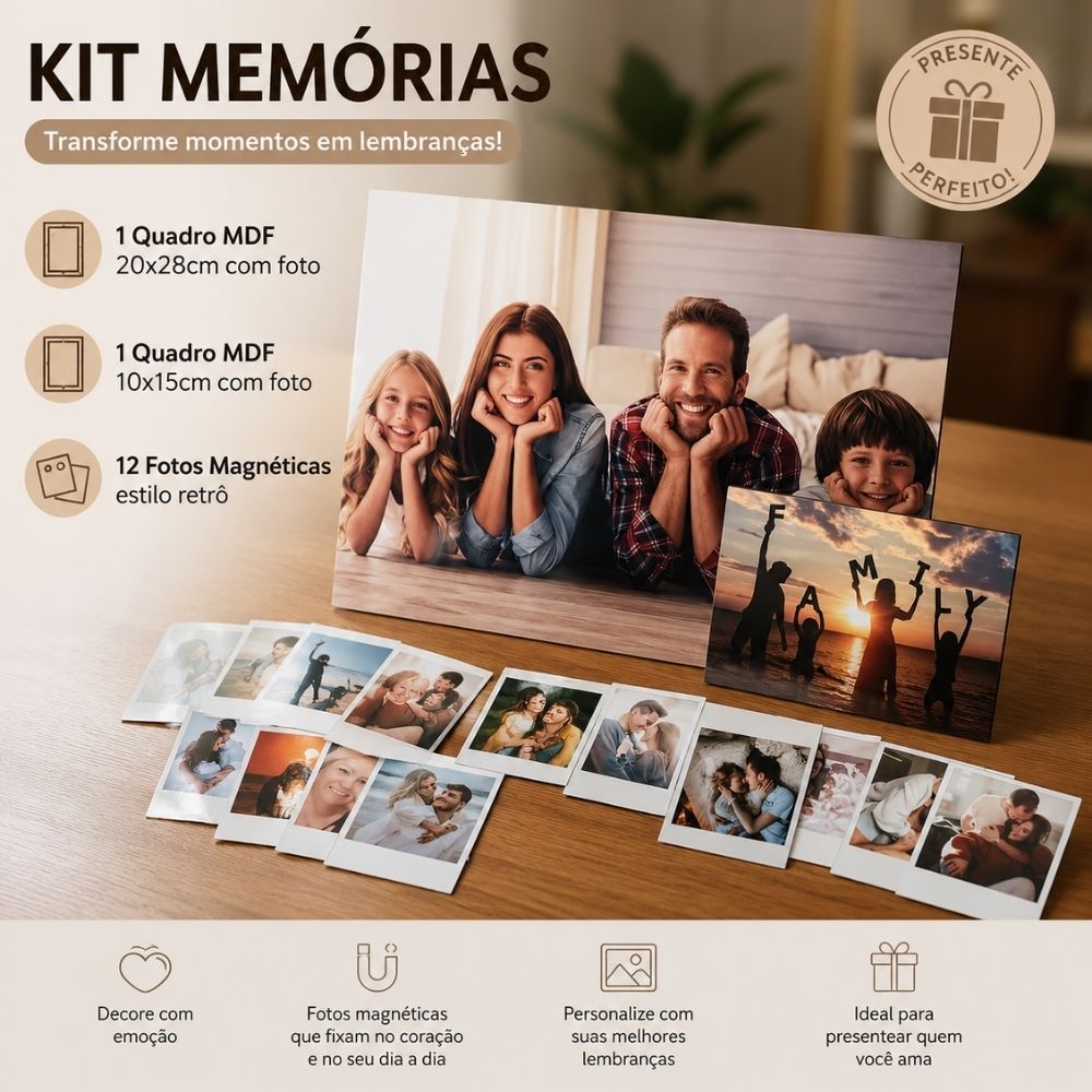 Kit personalizado com 1 Quadro MDF 20x28cm + 1 Quadro MDF 10x15cm + 12 Fotos Magnéticas