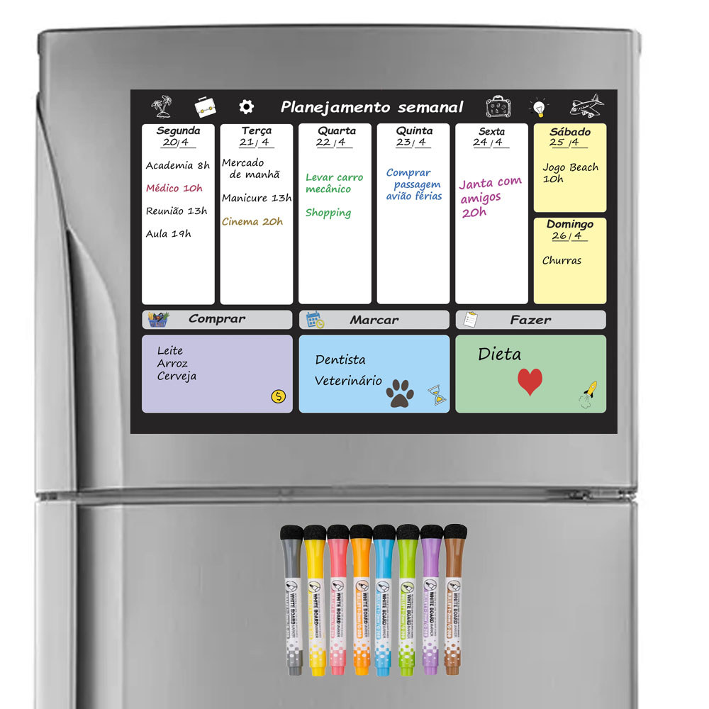 Quadro Planejamento Tarefas Semanal Magnético + 8 Canetas