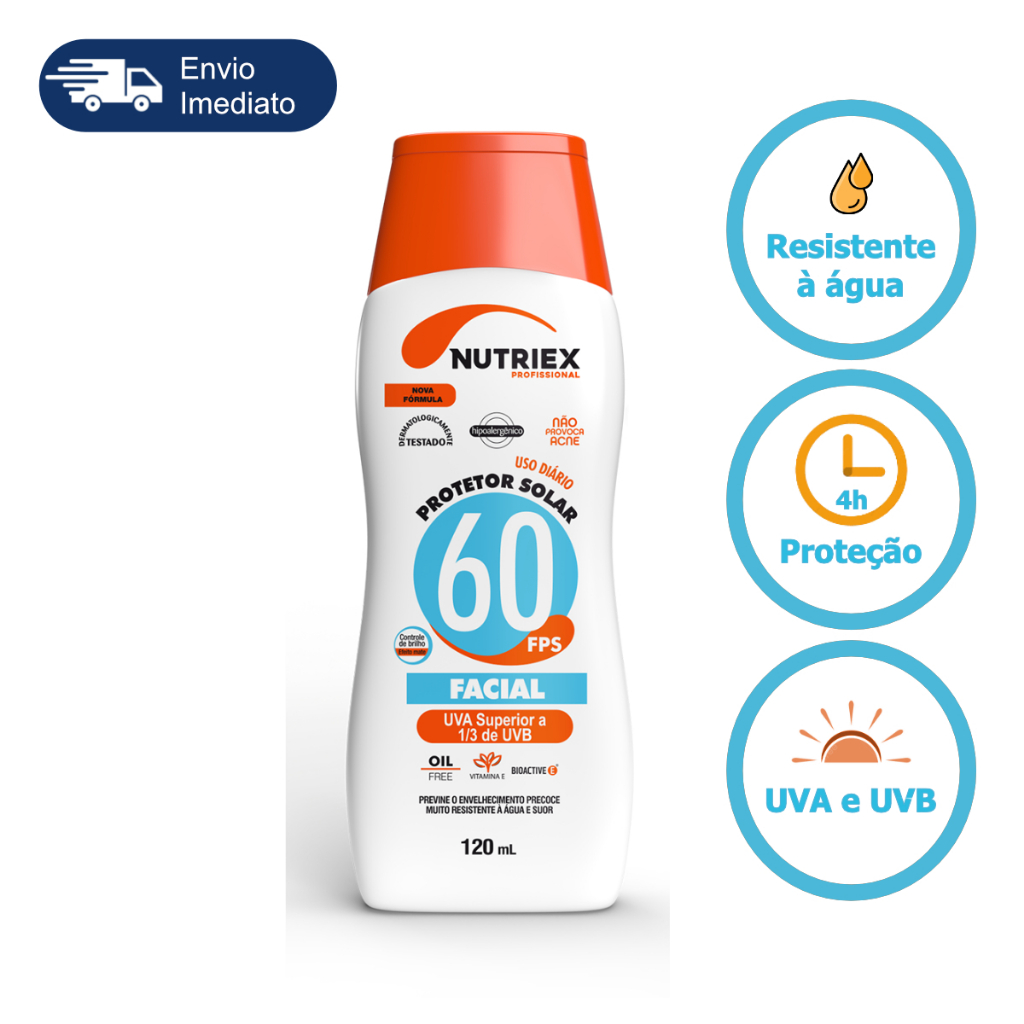Protetor Solar Facial Bloqueador Fator 60 Fps 120ml Nutriex Profissional Praia Piscina Sol Proteção Dia Dia