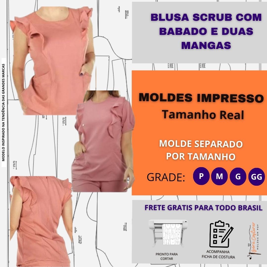 Molde Impresso Blusa Scrub COM BABADO E DUAS MANGAS