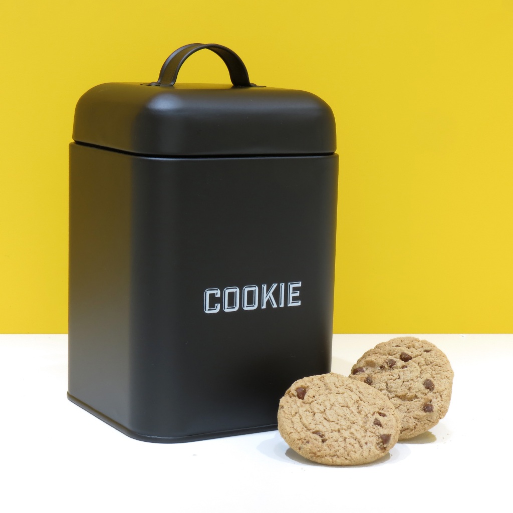 Lata de Biscoito Cookies Quadrada Retrô Preta Metal com Alça