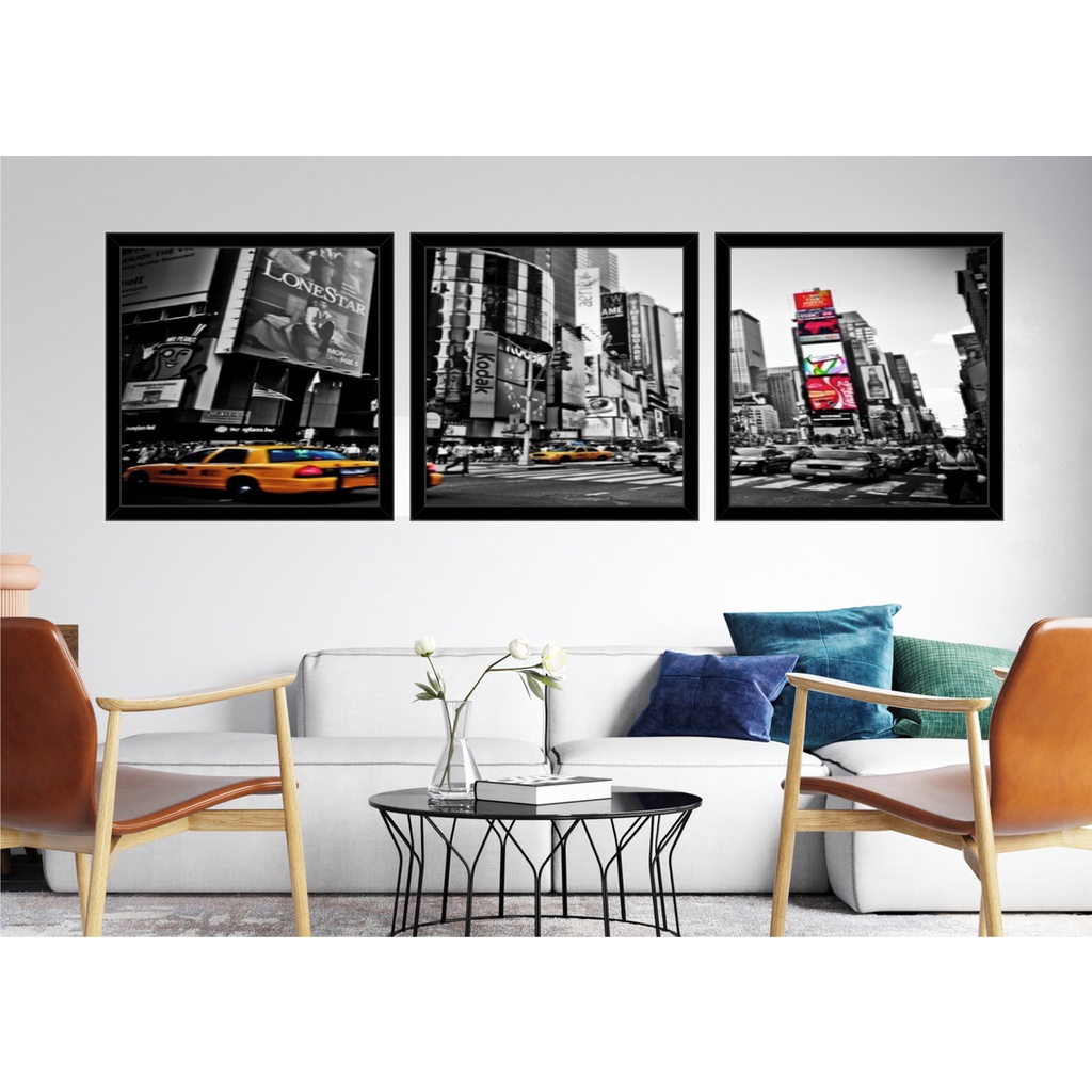 Kit com 03 Quadros Decorativos New York Nova Iorque Taxi Amarelo Manhattan Big Apple Capital do mundo Times Square Moldura Quarto Sala Grande