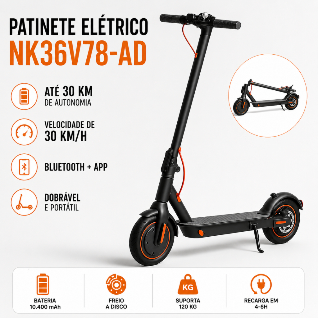 Patinete Elétrico Dobrável 36V Bluetooth App Até 30km 30km/h Bateria 10400mAh NK36V78-AD