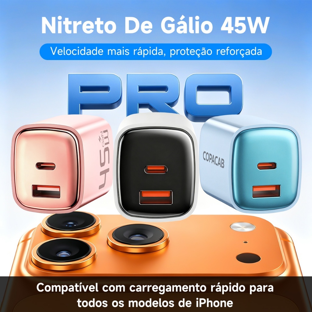 Carregador 45W GaN PD Turbo 2 Portas USB-C e USB-A–Carregamento Super Rápido para iPhone 15/16/17/18ProMax/iPad/Samsung
