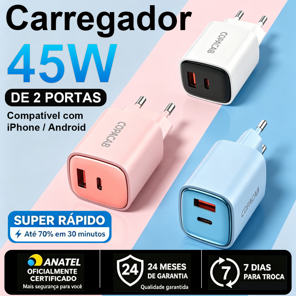 Carregador fonte 45W GaN PD Turbo com 2 portas USB-C e USB-A–Carregamento super rápido para iPhone 14 13 12 11Promax XR