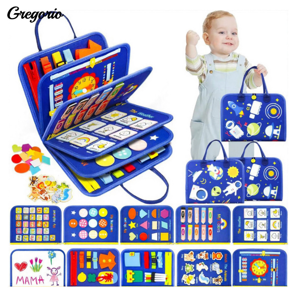 Sensory Activity Board Montessori Busy Aerospace Theme Handbag – Learning Travel Toy with Zippers Buttons Shoelaces fo