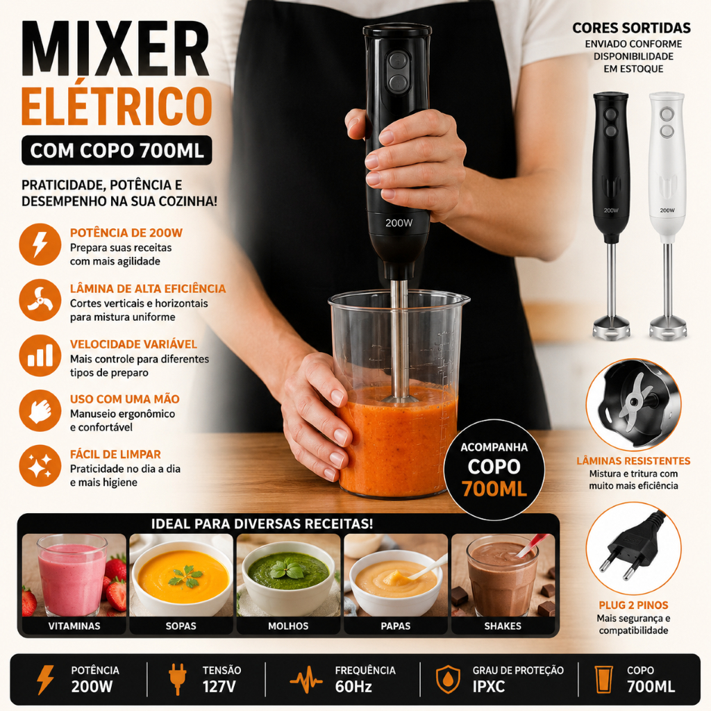 Mixer Eletrico Copo 700ml Potente Pratico Eficiente 127v Cozinha