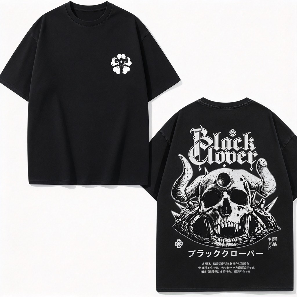Camiseta Unissex Premium De Algodão Estampa Anime Black Clover Caveira, Cor Preta, Estilo Oversize Casual, Confortável