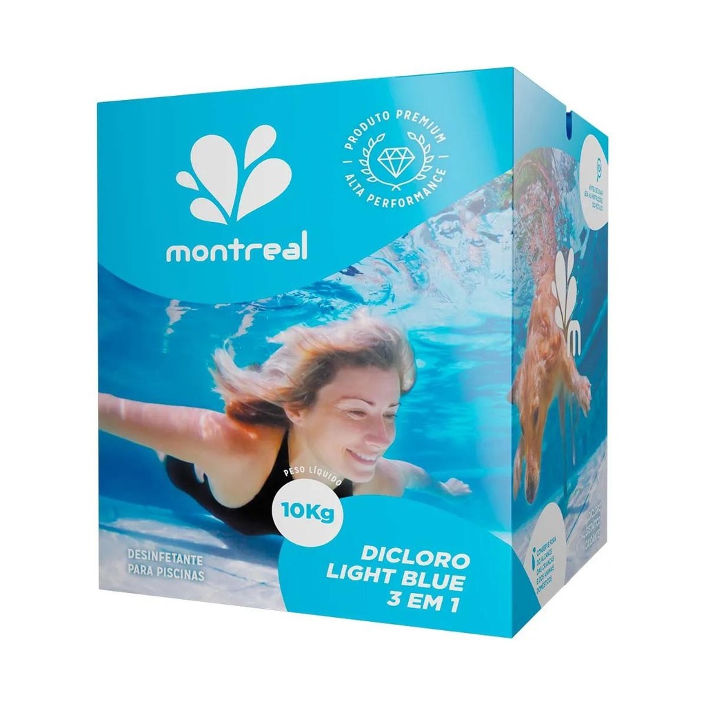 CLORO PISCINA LIGHT BLUE 10KG 3 em 1 Montrela, para Desinfecção e Tratamento de Água de Piscina Econômico e Eficaz