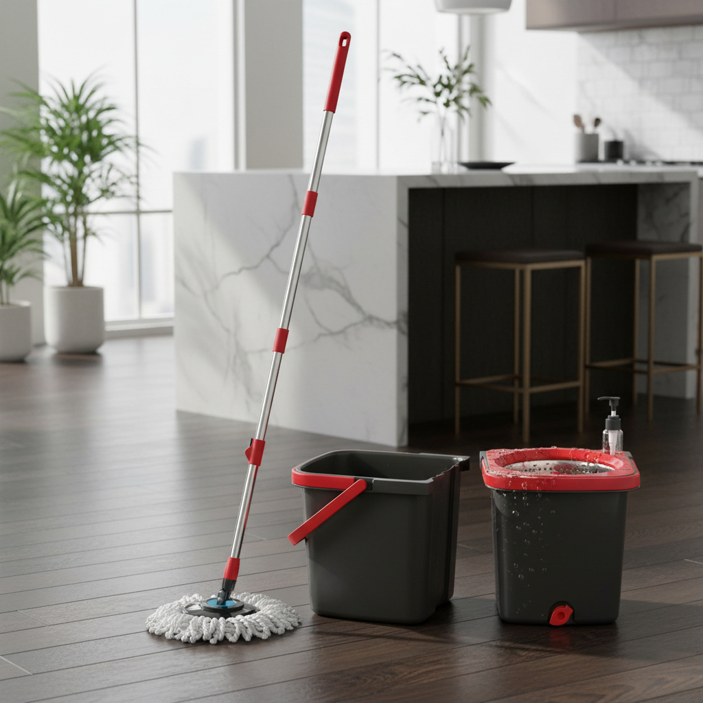 Mop Giratório Duo 360° Powermaid com Balde Duplo e Centrífuga em Aço Inox Facilita Lavagem Secagem Desinfecção Pisos Lar
