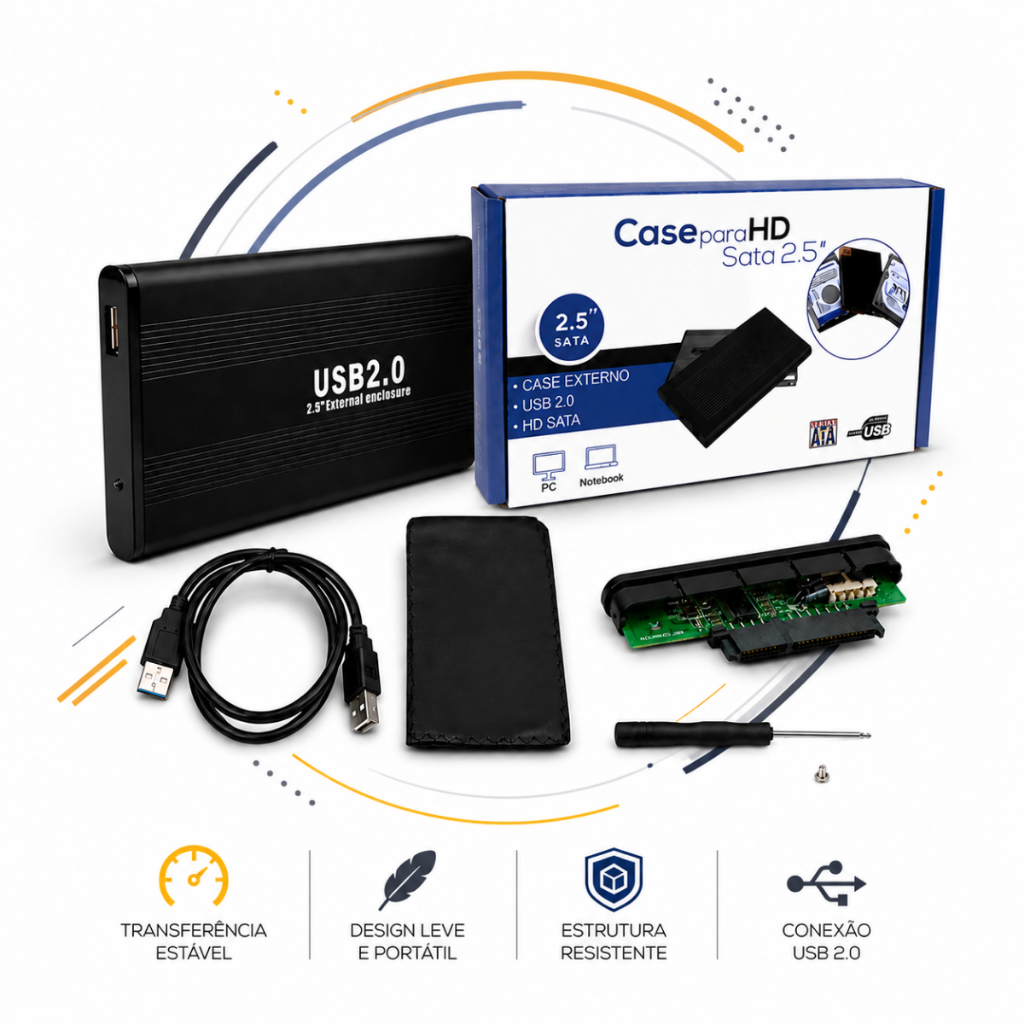 Case para Hd Externo de Notebook Sata 2.5 até 4TB Cabo Usb 480Mbps