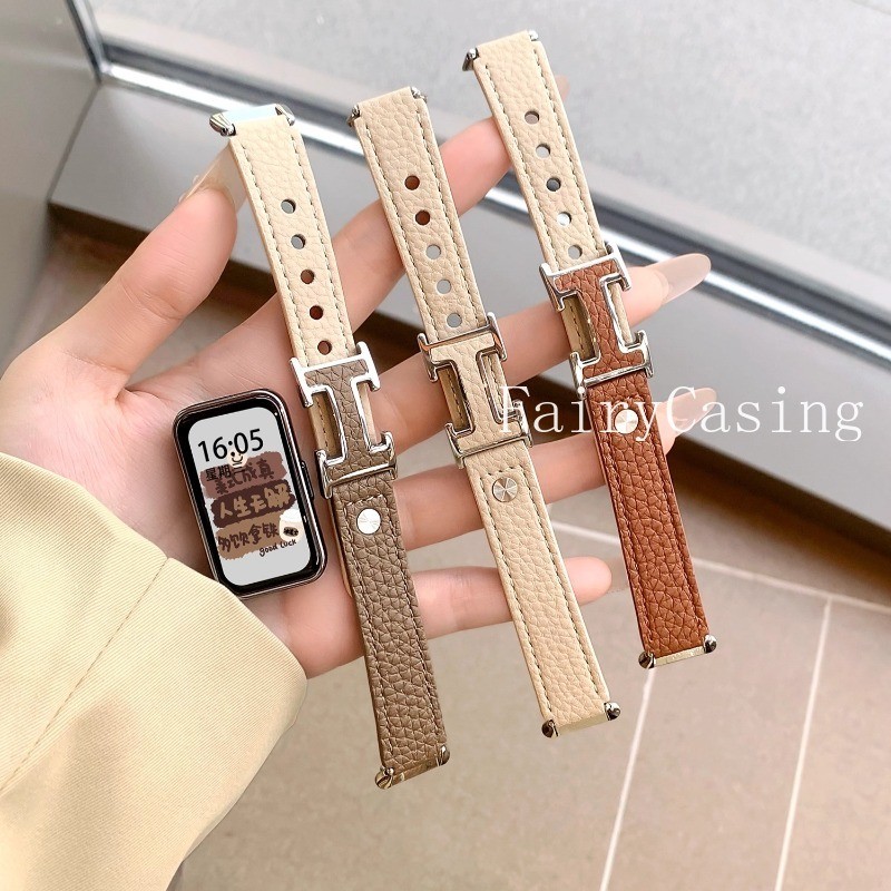 Pulseira De Couro Fina Para Huawei Band 11 Pro 10 9 8 7 Fit 2 3 4/4pro Lichia Padrão Correa Acessórios