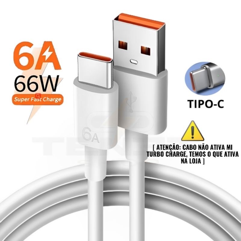 Cabo Tipo C USB-C 66w Carregamento Turbo USB 6A Alto Desempenho