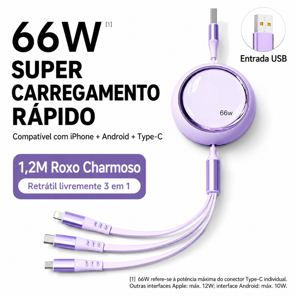 Cabo de carregamento rápido retrátil 3 em 1 66W 1,2m universal para todos os celulares iPhone Android Tipo‑C