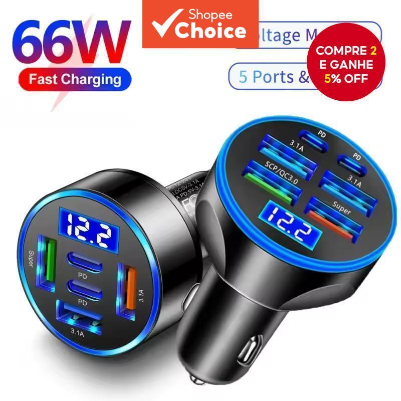 Carregador De Carro USB 66W Rápido 7A Mini Adaptador De Carregamento 5 Portas