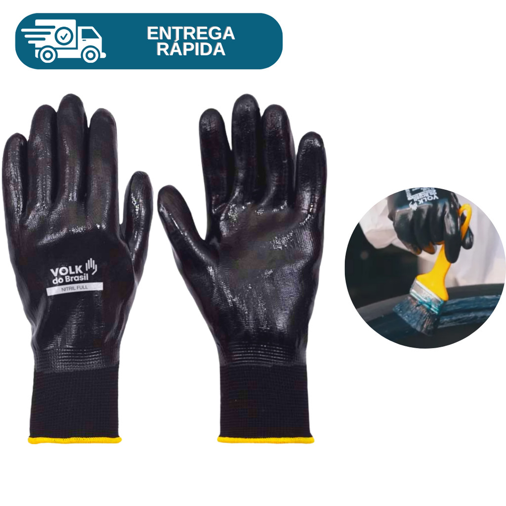 Luva Nitril Full Revestida Banho Nitrílico Preto Impermeável Óleo Multitato Volk Proteção Nitrilica