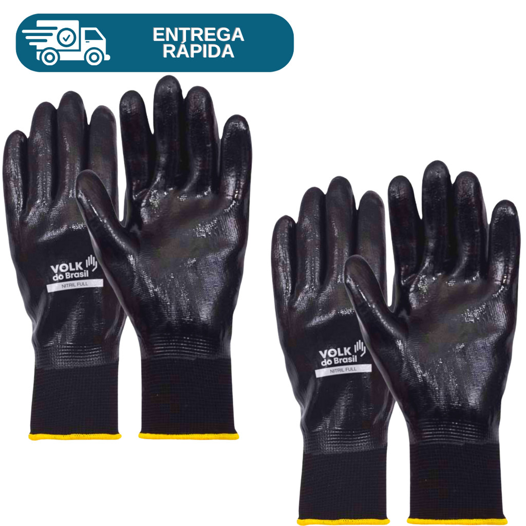 Kit 2 Prs Luva Nitril Full Banho Nitrílico Preto Impermeável Óleo Multitato Volk Proteção Nitrilica