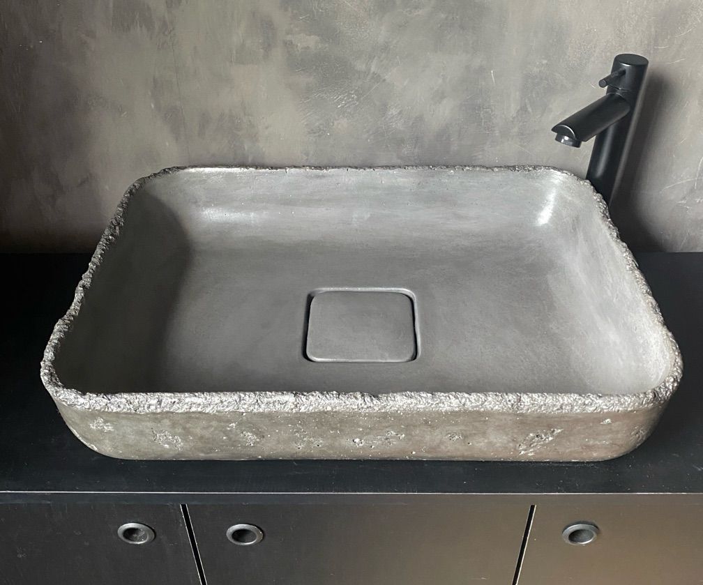 106 - Cuba de Banheiro em Concreto Rústica Efeito Demolição Cimento Queimado com Ralo Oculto 50x36x11 cm