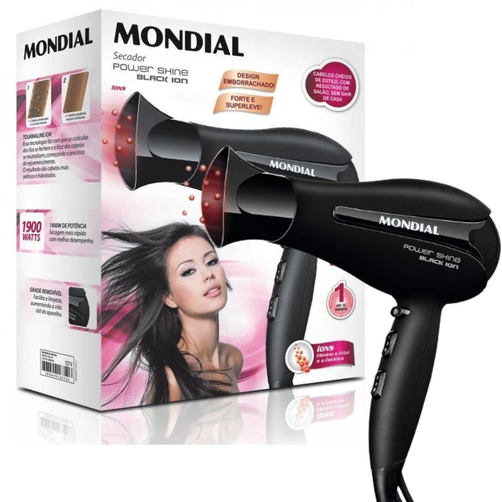 Secador Mondial Power Shine SC-13 2000W Preto Tourmaline Íon 3 Temperaturas Portátil Cerâmica - 220V