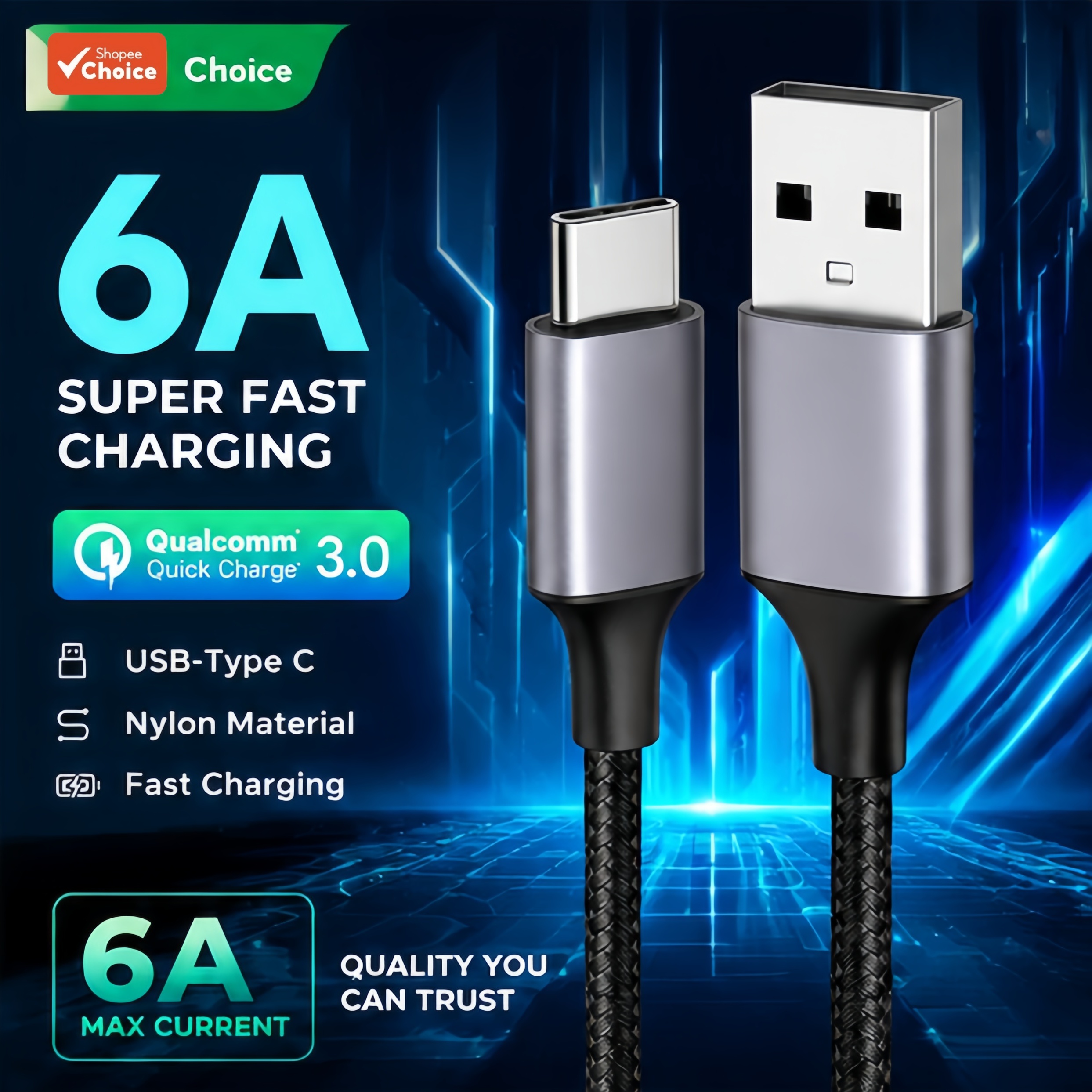 Cabo Super Charge 240W USB Tipo C 6A de Carga Rápida com Liga de Alumínio para Xiaomi, Huawei, Samsung, Android
