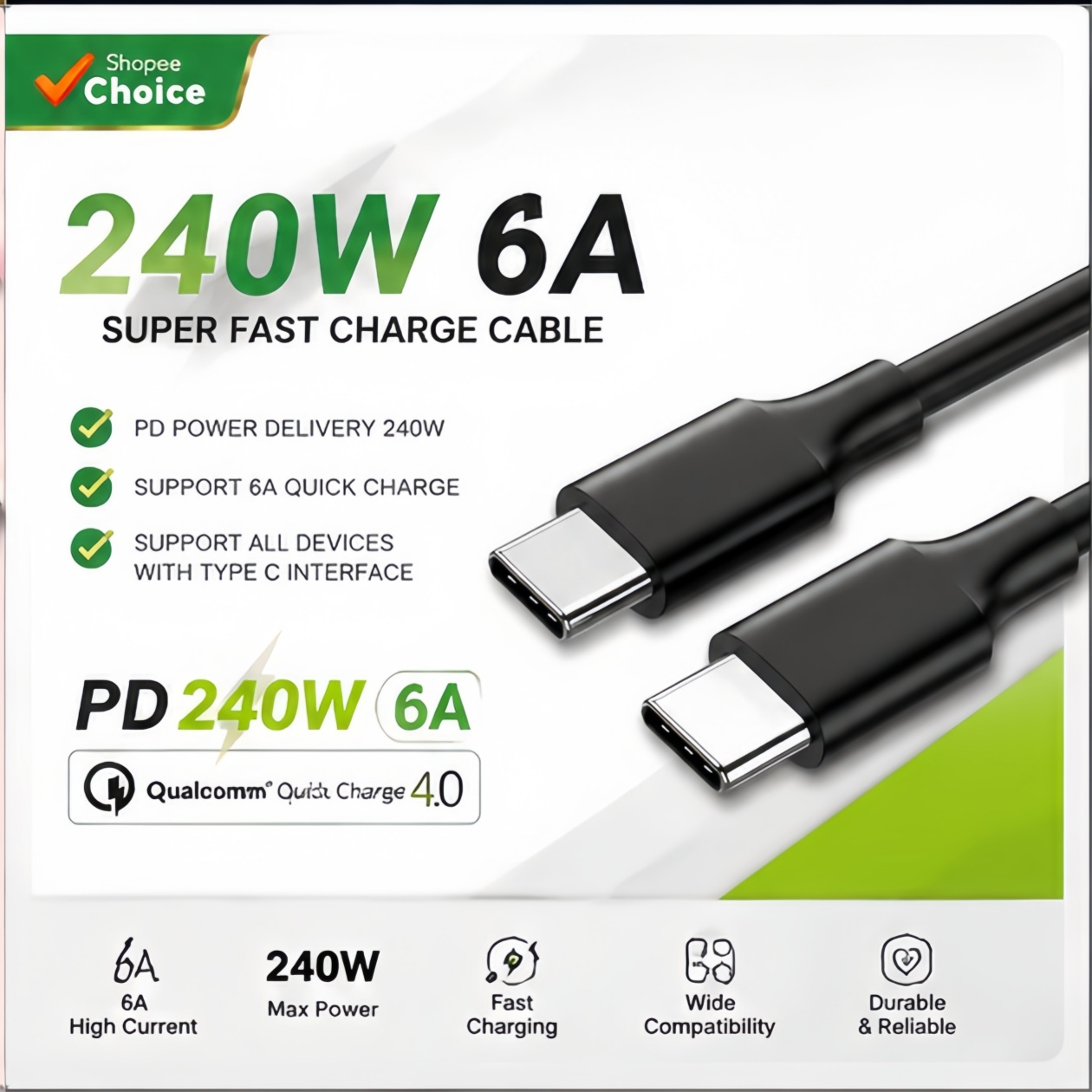 Cabo USB C para Tipo C Super Durável 240 W 6 A, Carregamento Rápido, para Samsung, iPhone, Xiaomi, Huawei
