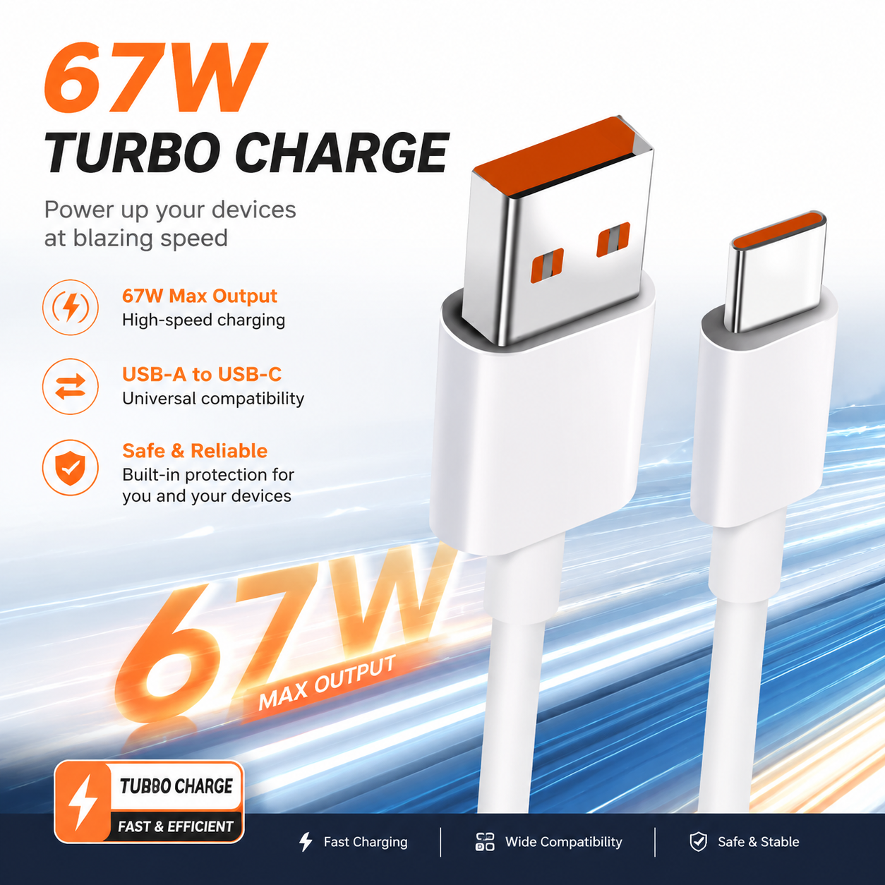 Cabo Super Rápido 67W USB para Type C, Linha de Carregamento Rápido para iPhone 15 16, Xiaomi, Samsung, Huawei, Honor,