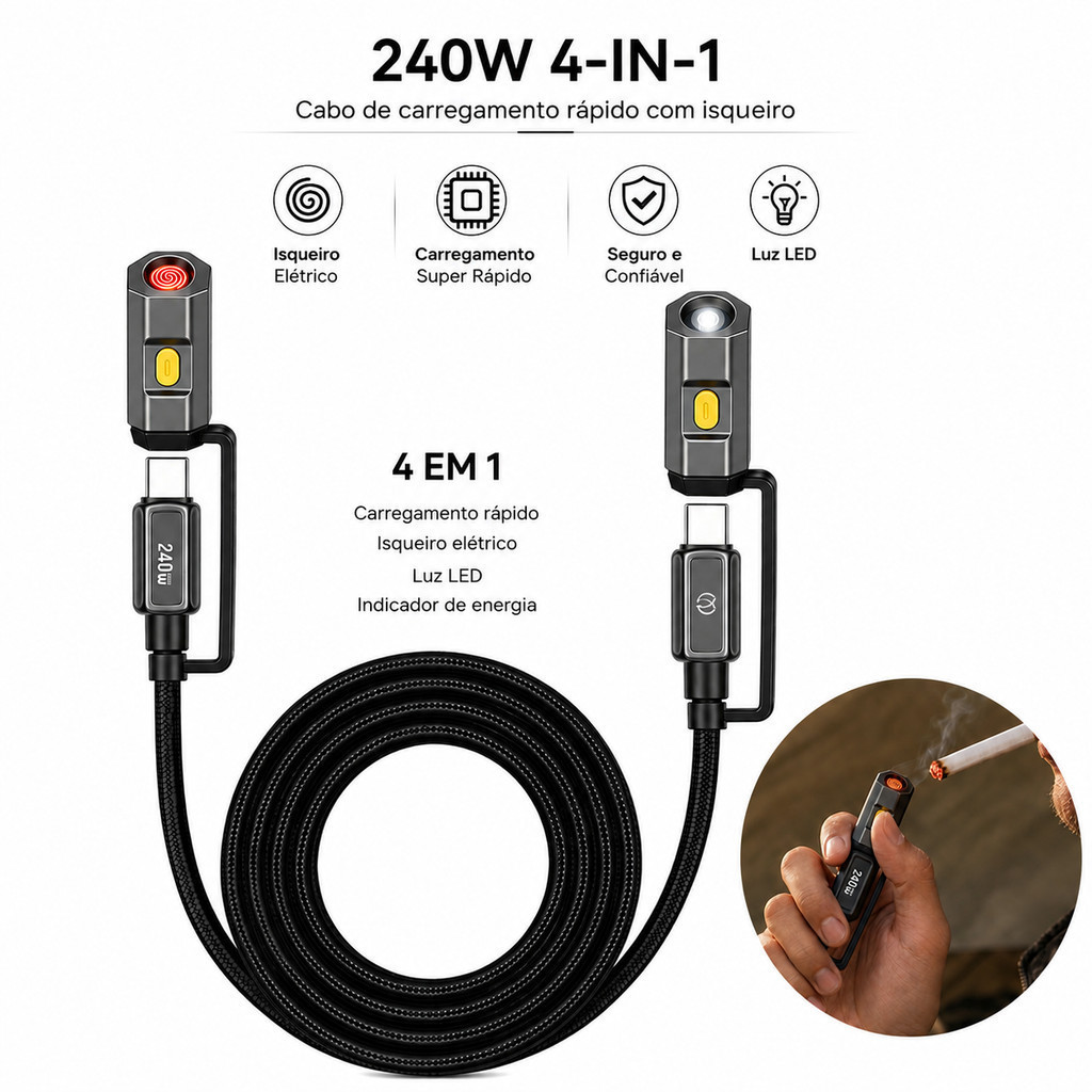 Cabo de Carga Rapida 240W PD 480Mbps com Lanterna LED e Chip E-Marker 1.2m