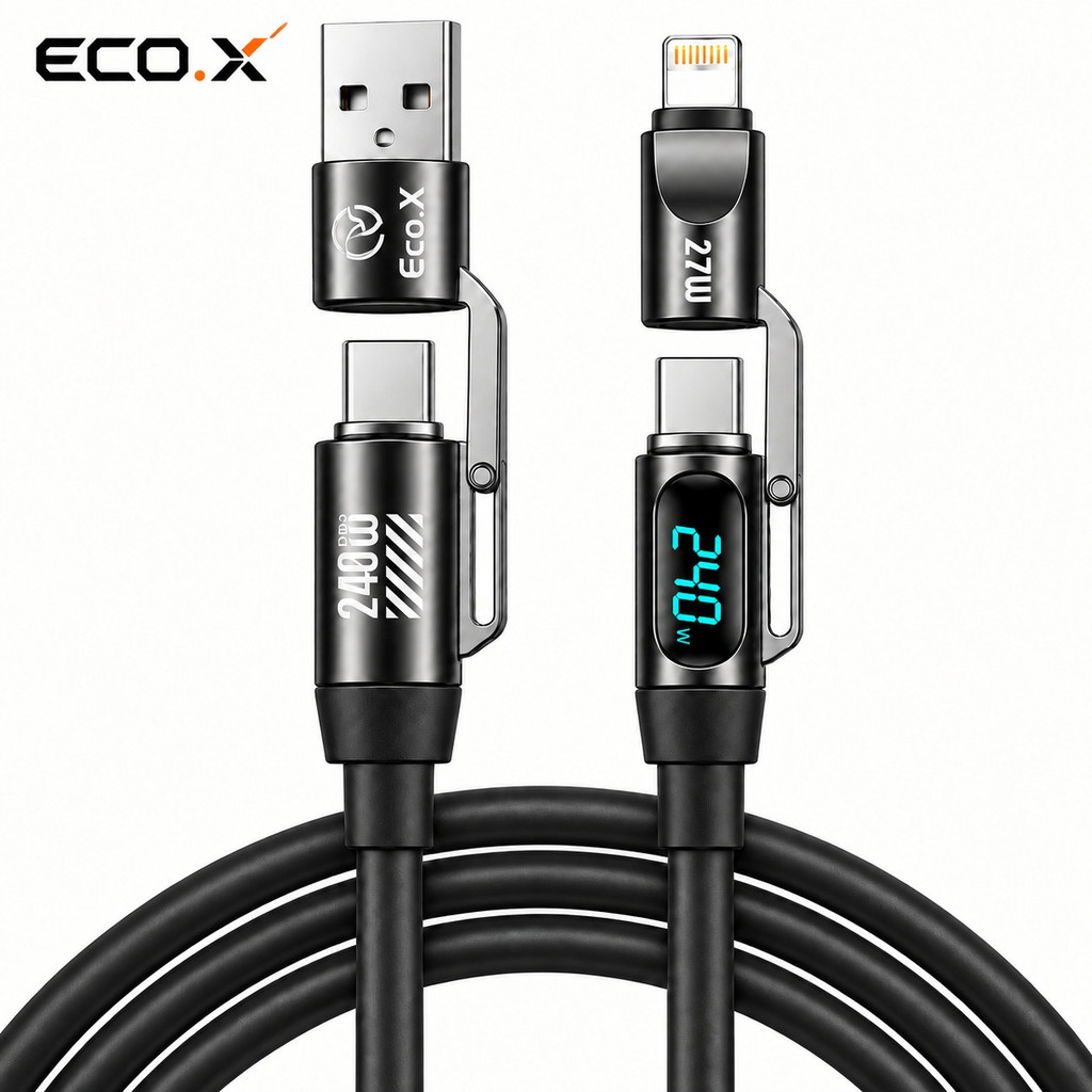 Cabo 4 em 1 Universal 240W PD com Visor de Potencia e Chip E-Marker 1.5m