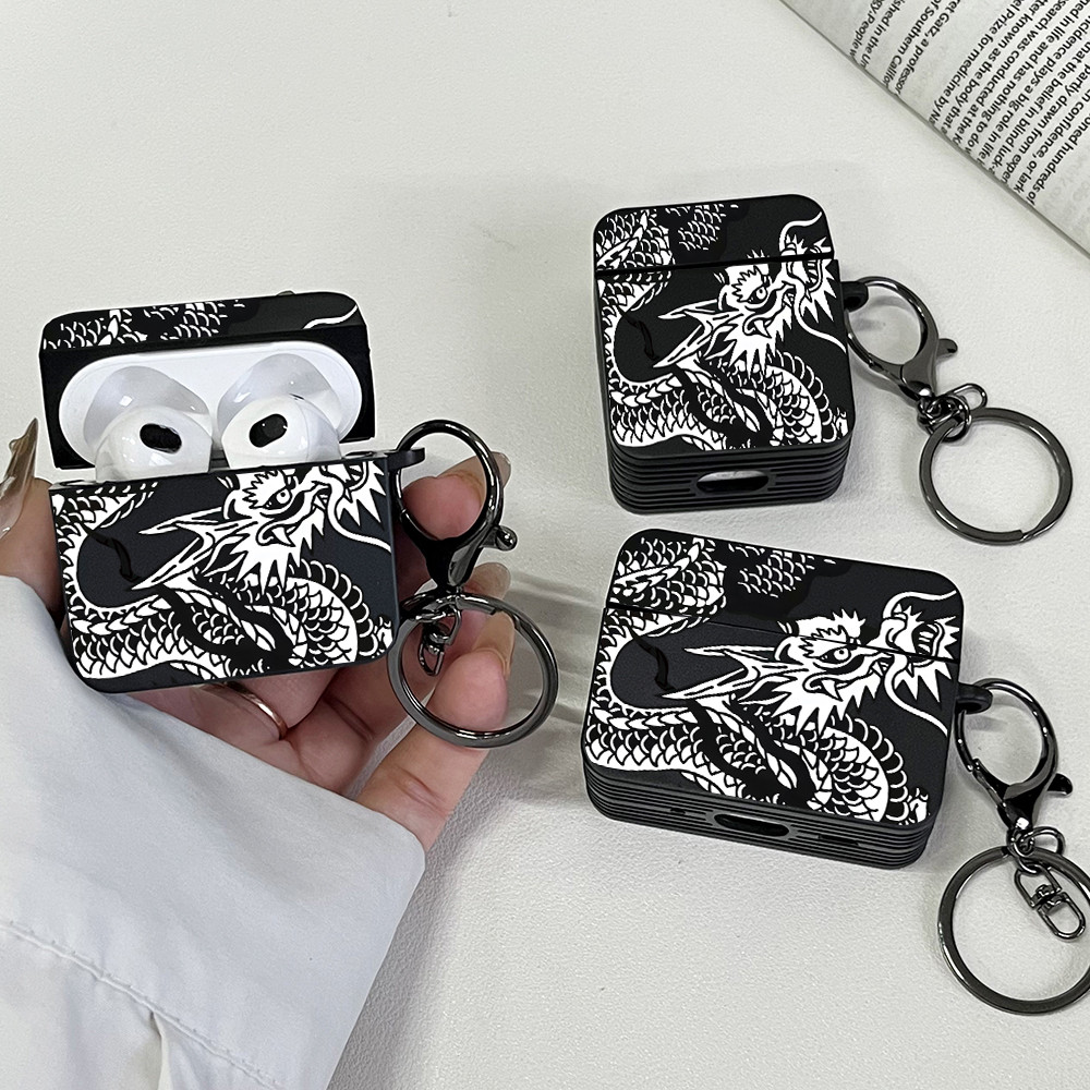 Capa De Fone De Ouvido Para Airpods Pro3/Pro2/Pro Black Dragon Design Caso Com Chaveiro 1/2/3/4 Protetora