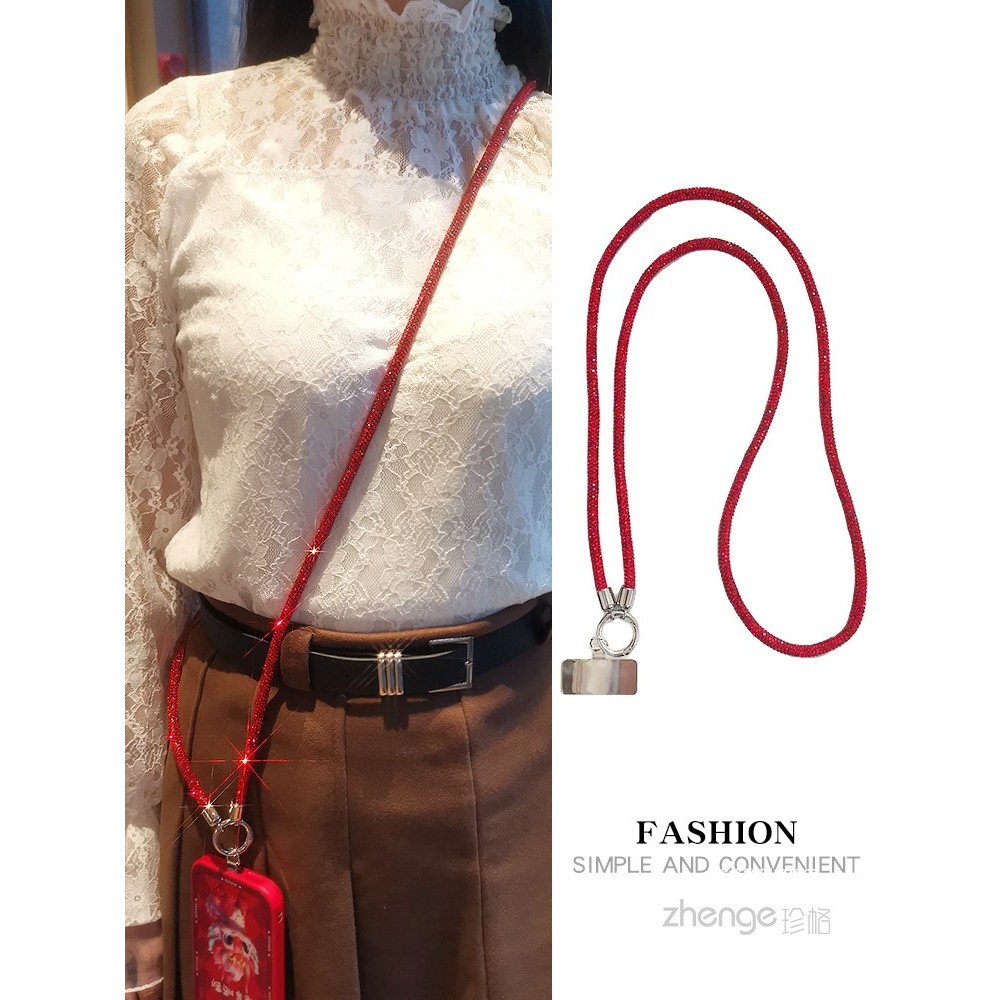 Zhenge Corrente de suspensão para celular High-End Full Diamond Messenger Can Back Lanyard Feminino Strass Vermelho Long