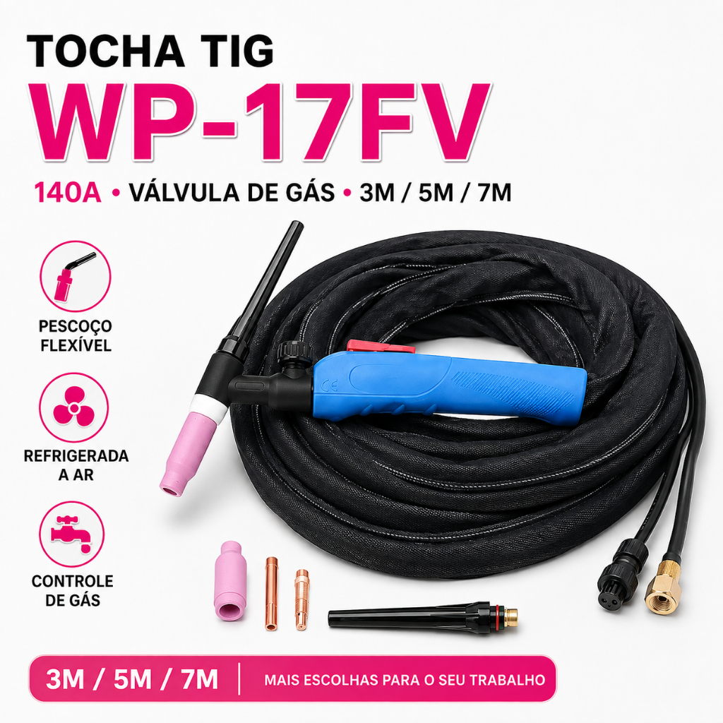 Tocha de Solda TIG WP17-FV 140A Profissional com Válvula de Gás Air Cooled Conector Universal