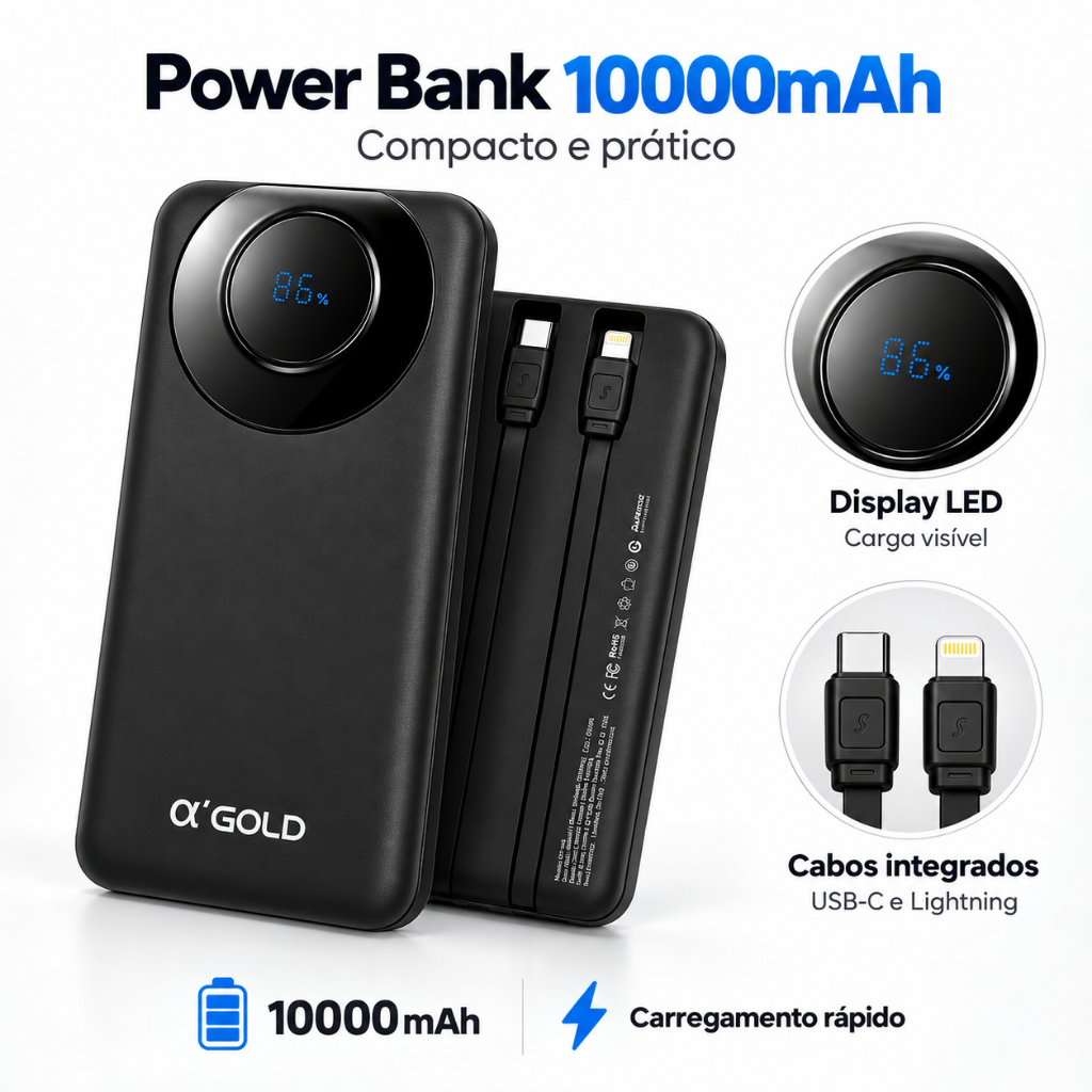 Power Bank 10000mAh A'Gold Carga Rápida 3.1A USB-C Lightning Display LED