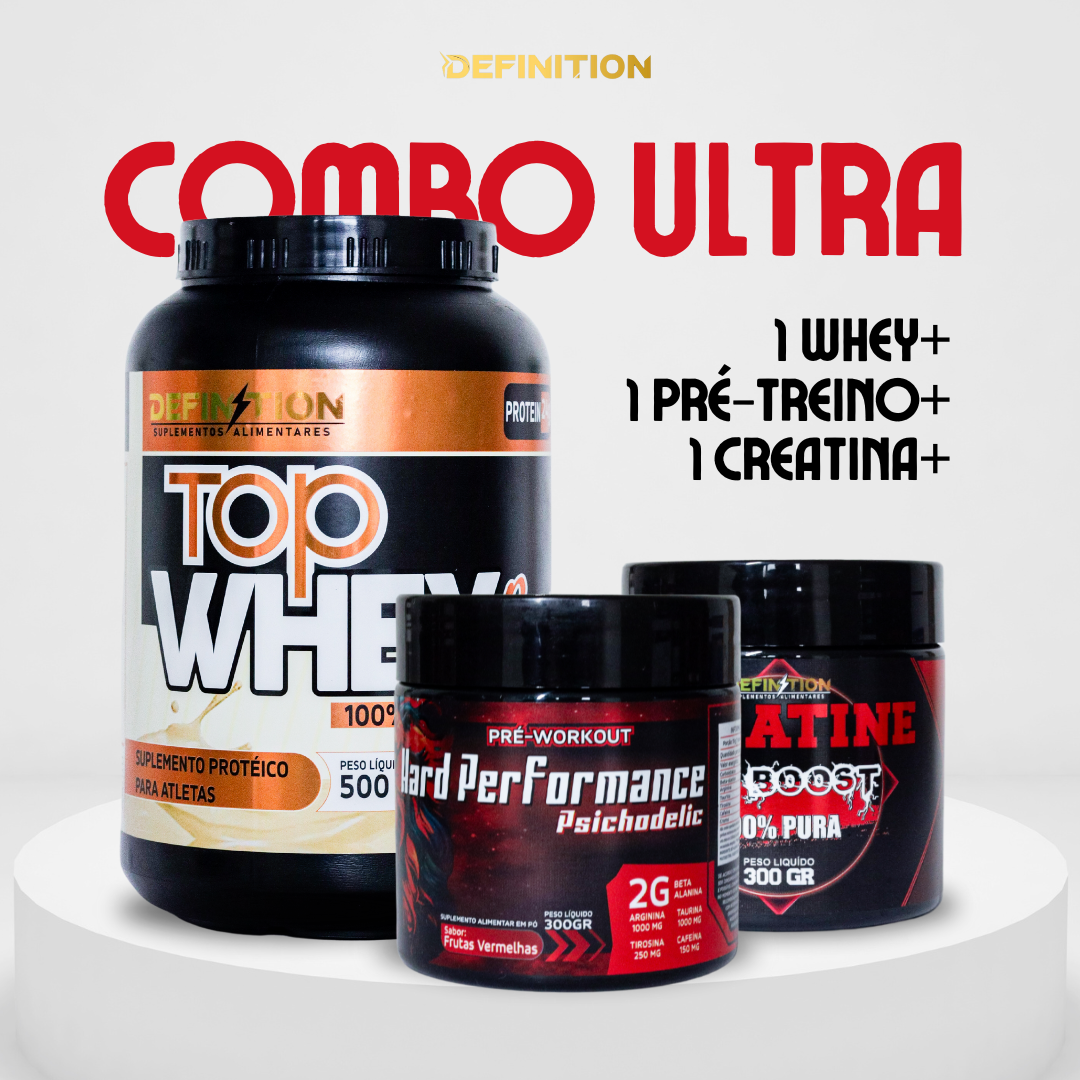 COMBO ULTRA DEFINITION | 1 WHEY + 1 CREATINA 100% + 1 PRÉ-TREINO + 1 E-BOOK DE RECEITAS