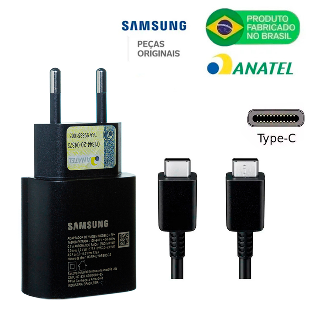 Carregador Samsung Turbo Preto 25W S23+S24 Ultra A14, A15 A25 A36 M23 M24 M35 M54 M65 Original