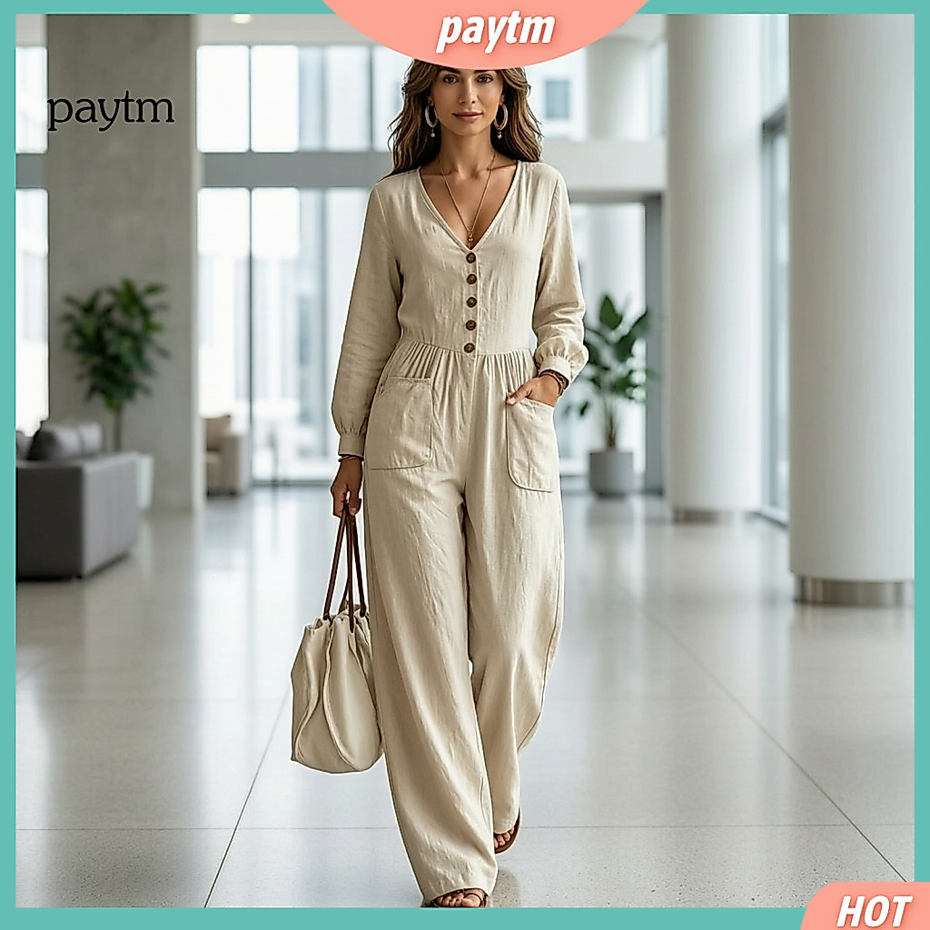 Functional Pockets Travel Clothes Long Sleeve Rompers Women’s Jumpsuit with Button-up V Neck Wide Leg Romper One-piece