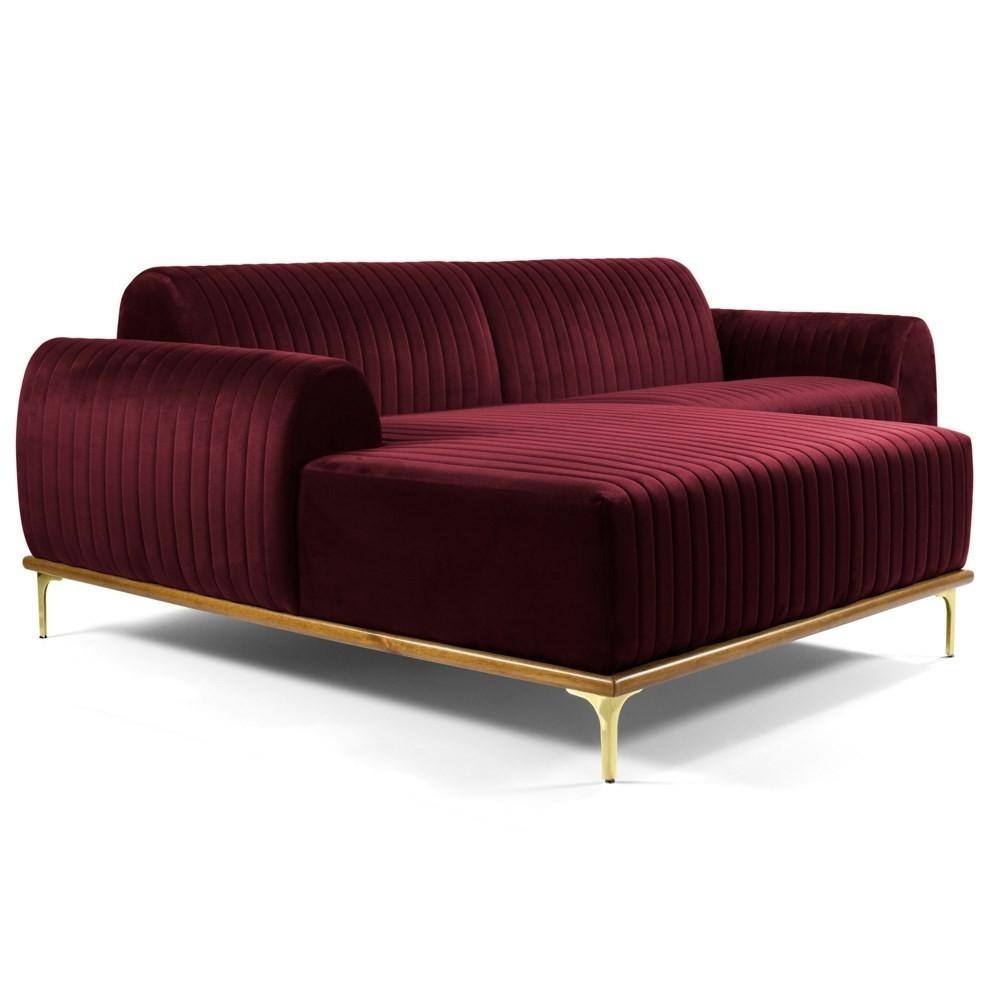 Sofá 300cm 5 Lugares com Chaise Esquerdo Pés Gold Molino C-278 Veludo Marsala - Domi