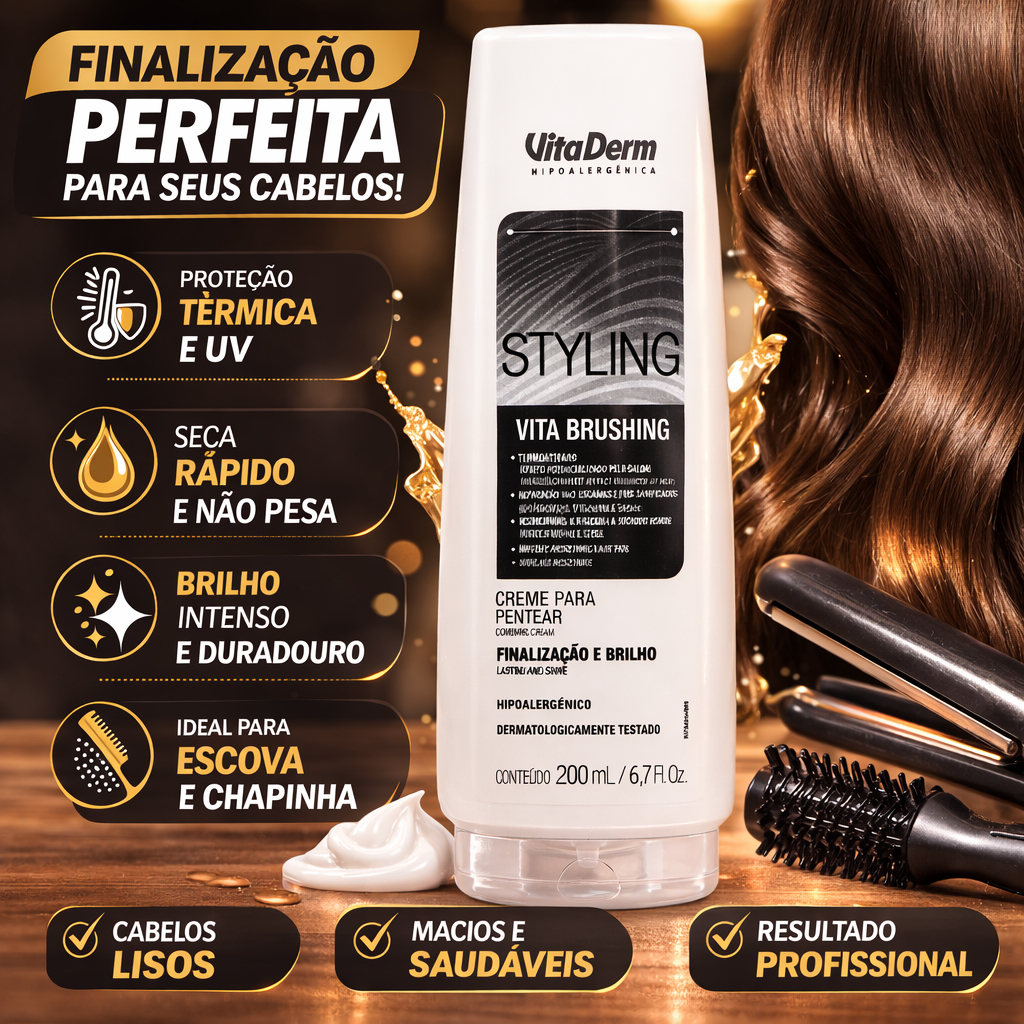 Creme Para Pentear Vita Derm Vita Brushing 200ml Proteção Térmica Escova Chapinha Brilho Intenso