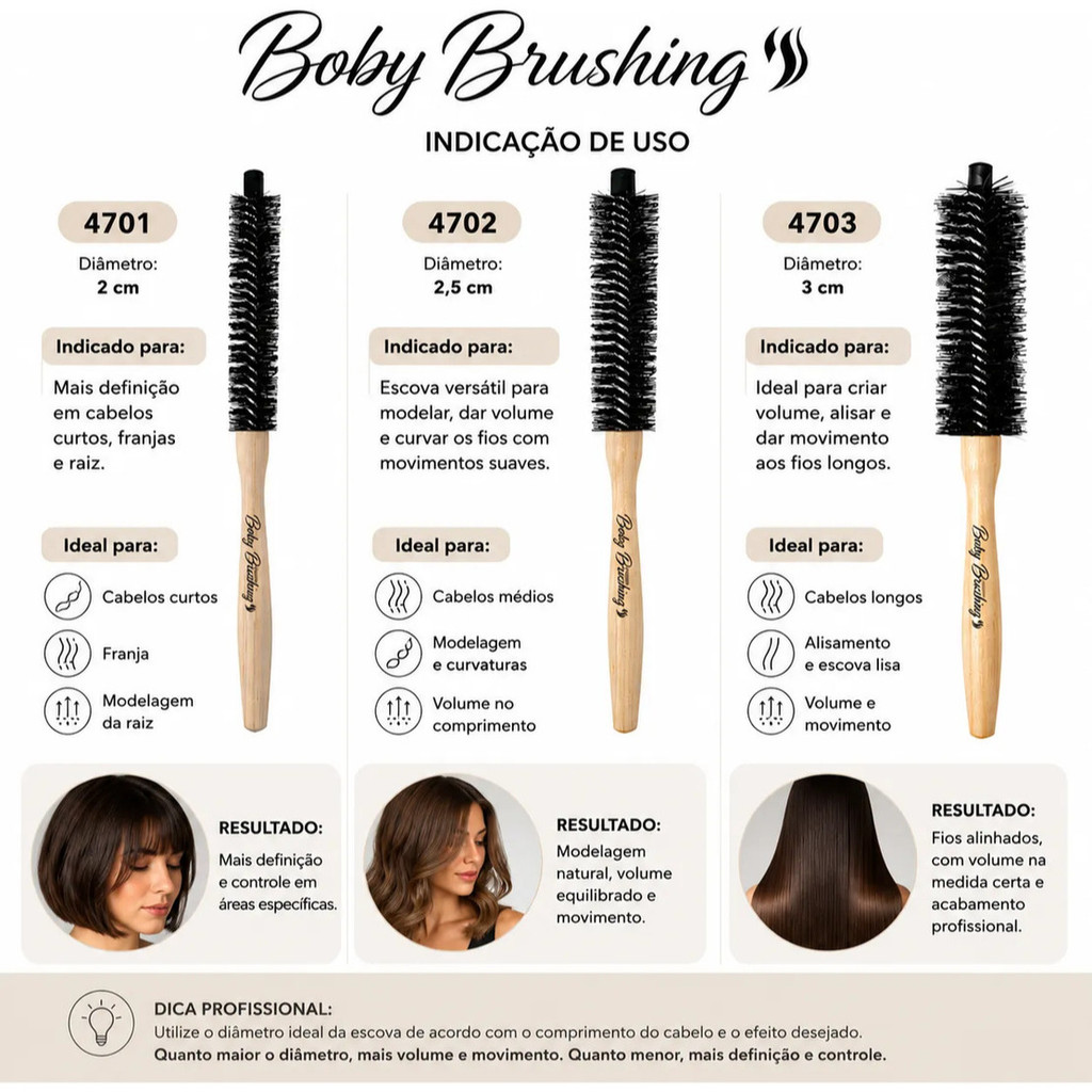 Kit Escovas Boby Brushing Profissional Madeira Nylon 4701 4702 4703