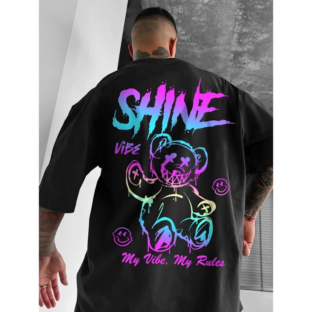 Camiseta Masculina Streetwear Algodão Penteado Infantil Adulto Plus Size Estampa Urso Shine NOVO NEW Color Bear Swag