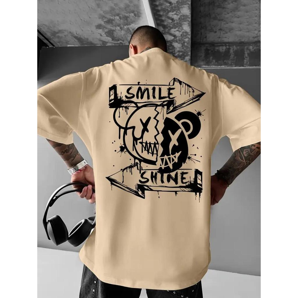 Camiseta Masculina Streetwear Algodão Penteado Infantil Adulto Plus Size Estampa Urso Shine Smile Flecha Cartoon