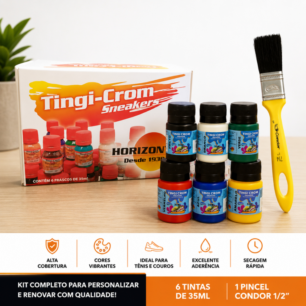Kit 6 Tintas Sneakers 35ml Horizonte Cores Básicas + Pincel Para Customização de Tênis, Calçados e Couro