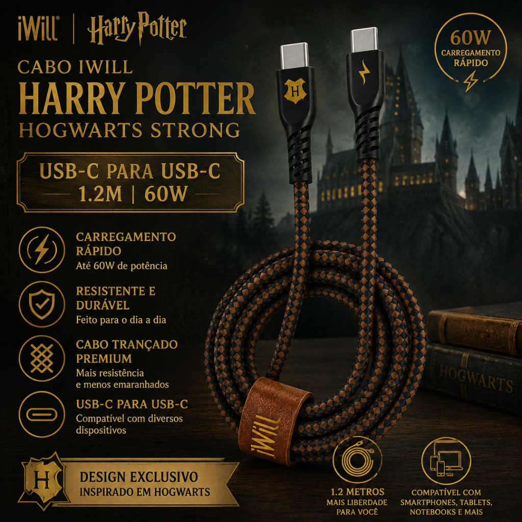Cabo USB-C iWill Harry Potter Hogwarts Strong 1,2m 60W Carregamento Rápido