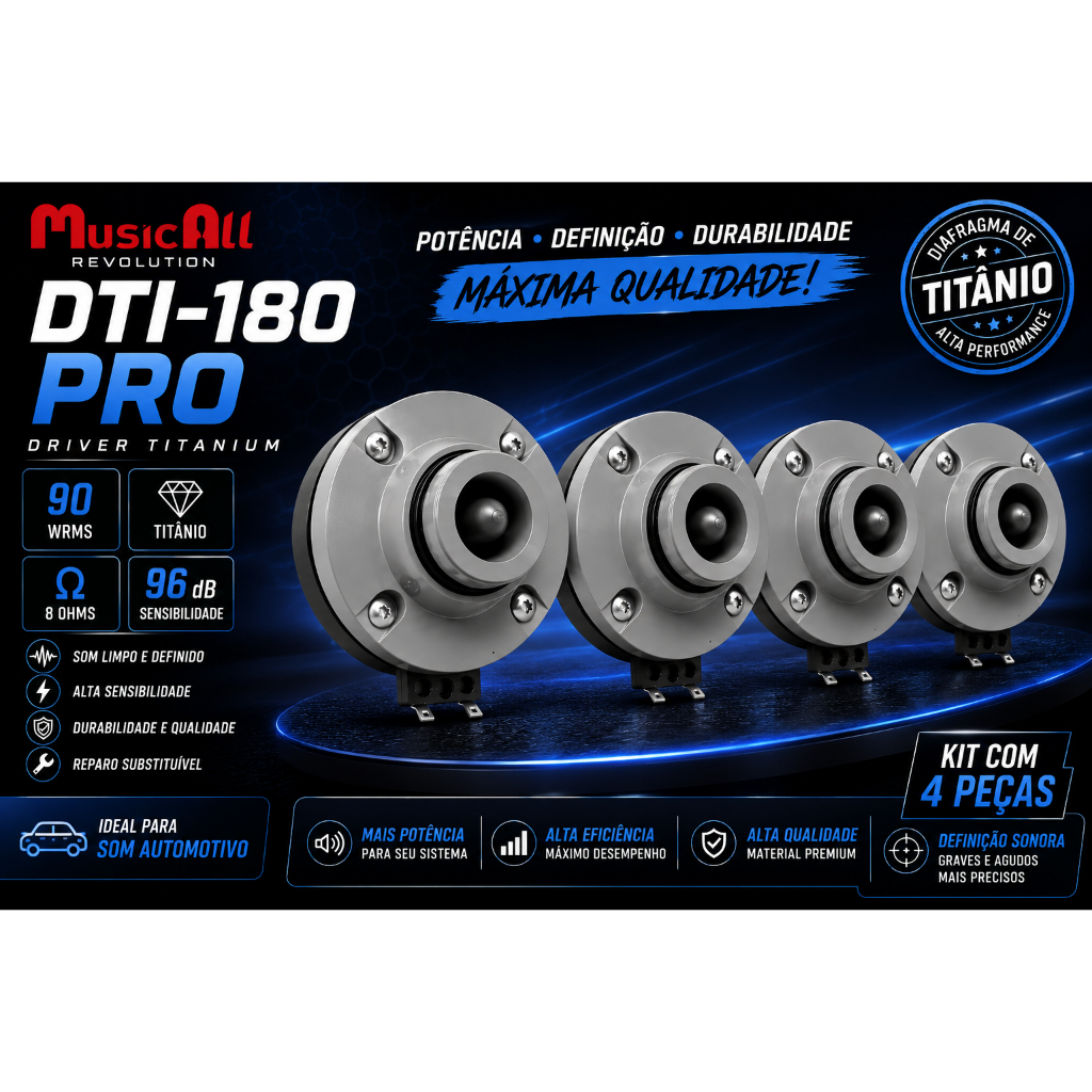 Kit 4 Driver Musicall DTI 180 Pro 90 WRMS Titanium 180w PMPO TI 8 Ohms Corneta Promoção